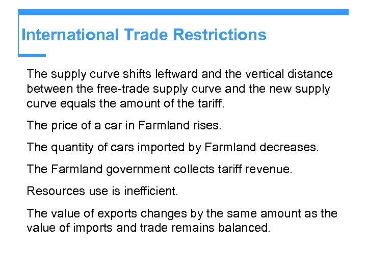 International Trade Restrictions The supply curve shifts leftward and the vertical distance between the