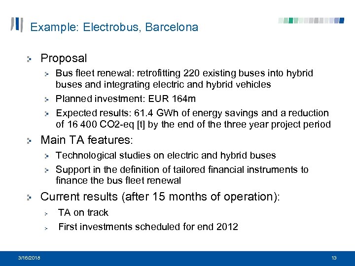 Example: Electrobus, Barcelona Proposal Bus fleet renewal: retrofitting 220 existing buses into hybrid buses