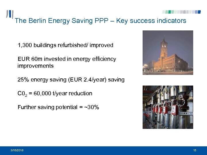 The Berlin Energy Saving PPP – Key success indicators 1, 300 buildings refurbished/ improved