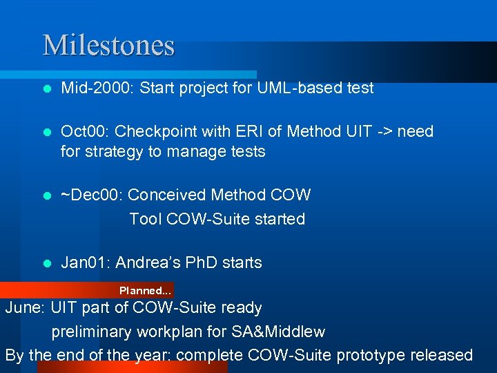 Milestones l Mid-2000: Start project for UML-based test l Oct 00: Checkpoint with ERI