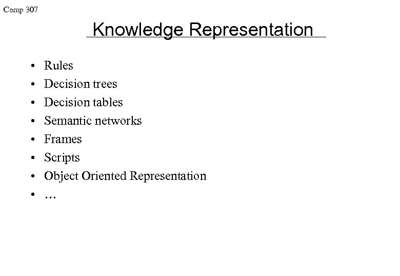 Comp 307 Knowledge Representation • • Rules Decision trees Decision tables Semantic networks Frames