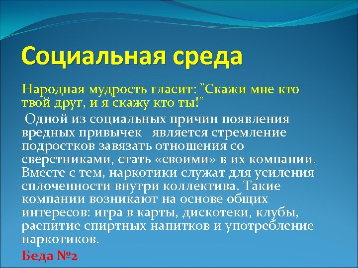 Социальная среда Народная мудрость гласит: "Скажи мне кто твой друг, и я скажу кто