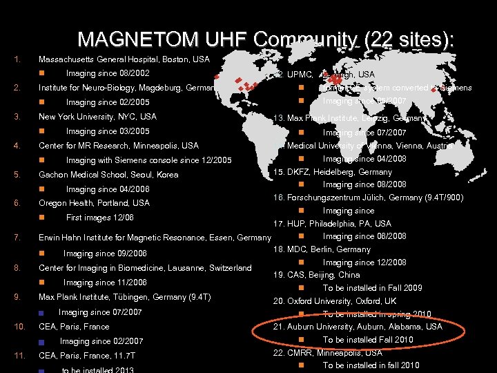 MAGNETOM UHF Community (22 sites): 1. Massachusetts General Hospital, Boston, USA n 2. Institute