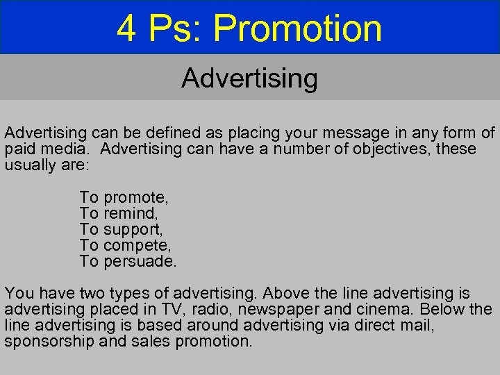 4 Ps: Promotion Advertising can be defined as placing your message in any form