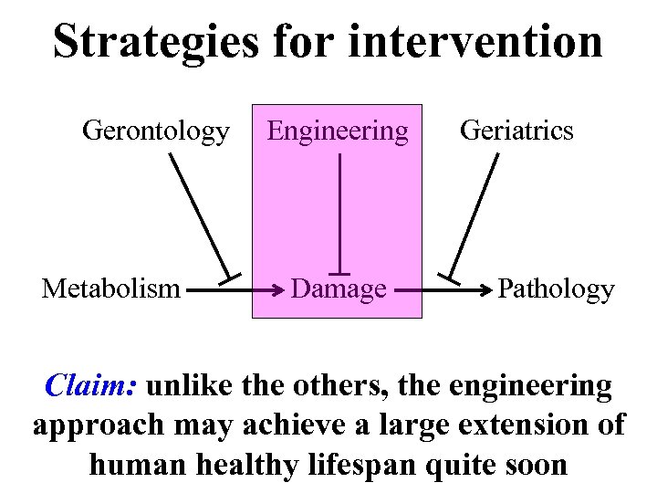 Strategies for intervention Gerontology Metabolism Engineering Damage Geriatrics Pathology Claim: unlike the others, the