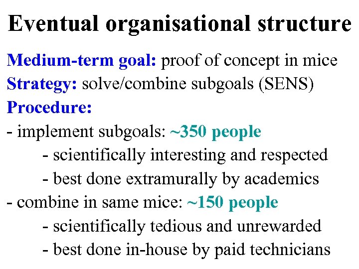 Eventual organisational structure Medium-term goal: proof of concept in mice Strategy: solve/combine subgoals (SENS)