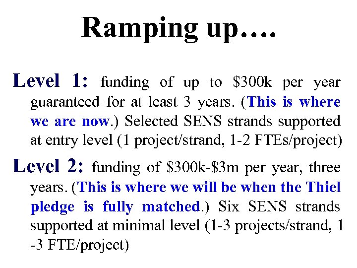 Ramping up…. Level 1: funding of up to $300 k per year guaranteed for