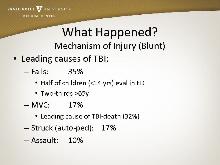 What Happened? Mechanism of Injury (Blunt) • Leading causes of TBI: – Falls: 35%