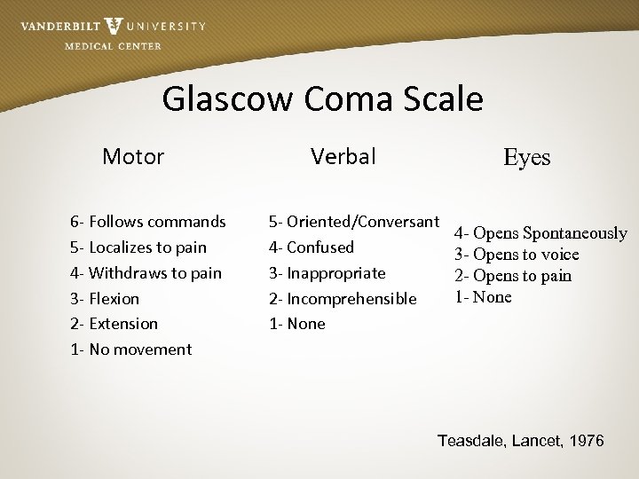 Glascow Coma Scale Motor 6 - Follows commands 5 - Localizes to pain 4
