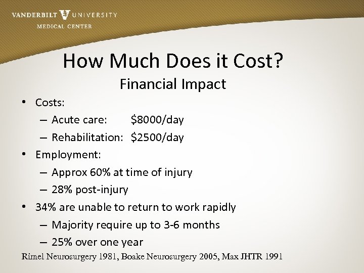 How Much Does it Cost? Financial Impact • Costs: – Acute care: $8000/day –