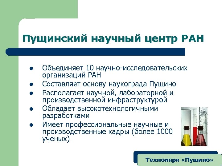 Пущинский научный центр РАН l l l Объединяет 10 научно-исследовательских организаций РАН Составляет основу