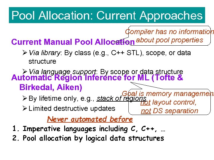 Pool Allocation: Current Approaches Compiler has no information Current Manual Pool Allocation about pool