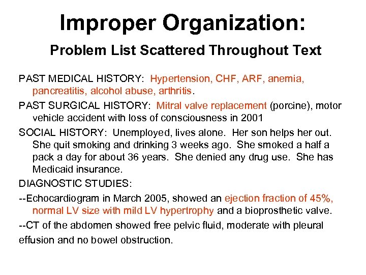 Improper Organization: Problem List Scattered Throughout Text PAST MEDICAL HISTORY: Hypertension, CHF, ARF, anemia,