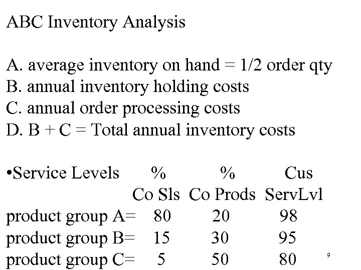ABC Inventory Analysis A. average inventory on hand = 1/2 order qty B. annual