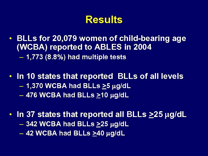 Results • BLLs for 20, 079 women of child-bearing age (WCBA) reported to ABLES