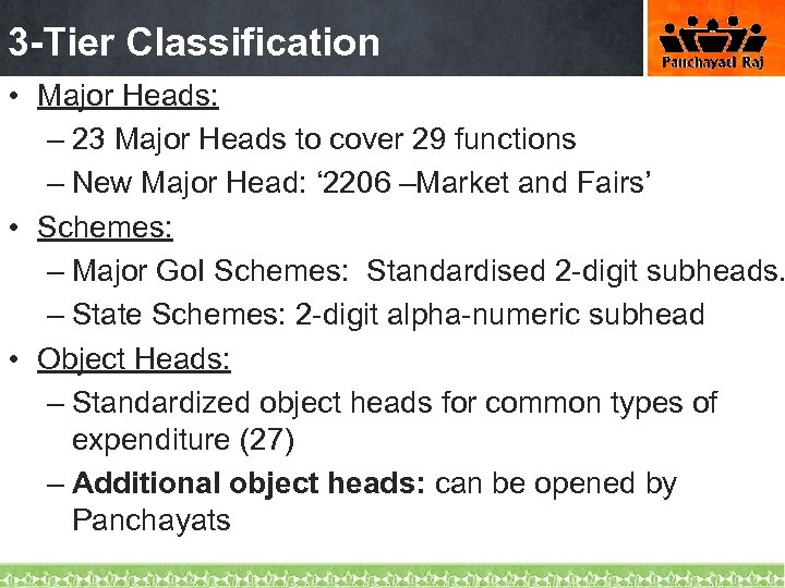 3 -Tier Classification • Major Heads: – 23 Major Heads to cover 29 functions
