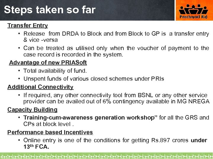 Steps taken so far Transfer Entry • Release from DRDA to Block and from