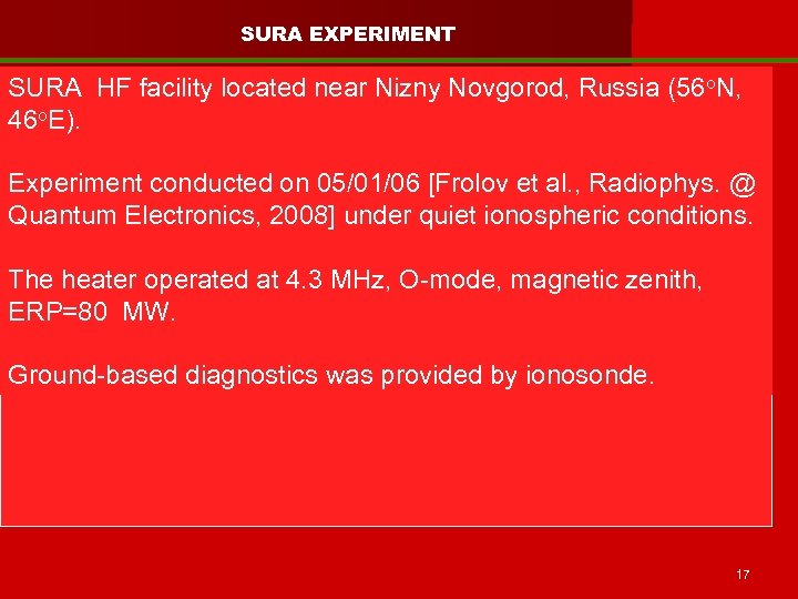 SURA EXPERIMENT SURA HF facility located near Nizny Novgorod, Russia (56 o. N, 46