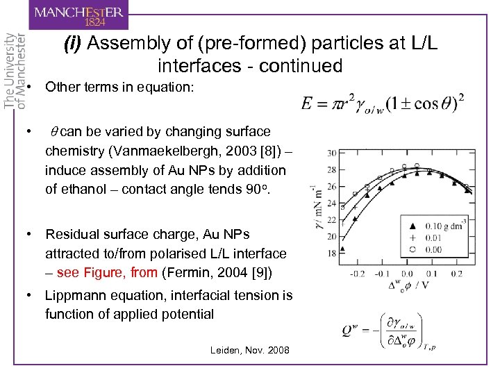 (i) Assembly of (pre-formed) particles at L/L interfaces - continued • Other terms in