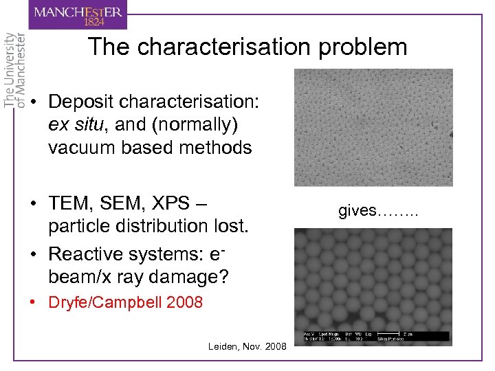The characterisation problem • Deposit characterisation: ex situ, and (normally) vacuum based methods •