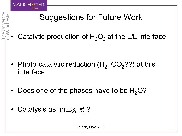 Suggestions for Future Work • Catalytic production of H 2 O 2 at the