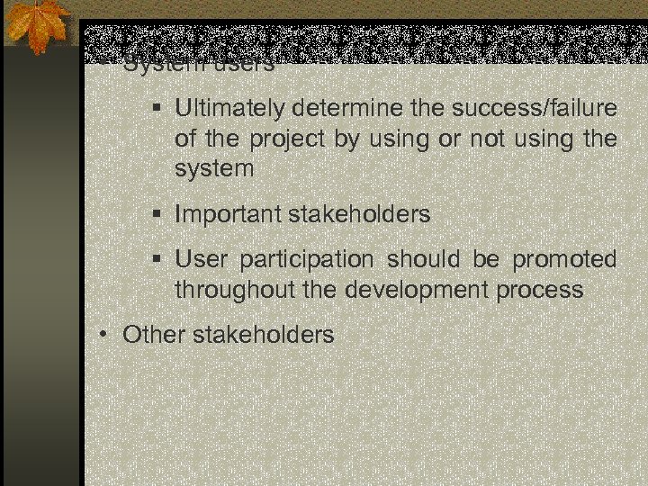 • System users § Ultimately determine the success/failure of the project by using