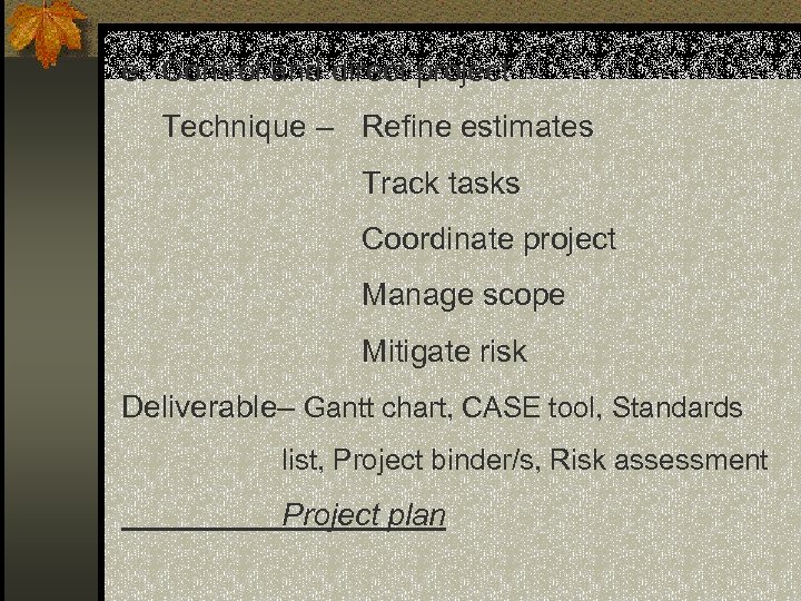 e. Control and direct project Technique – Refine estimates Track tasks Coordinate project Manage