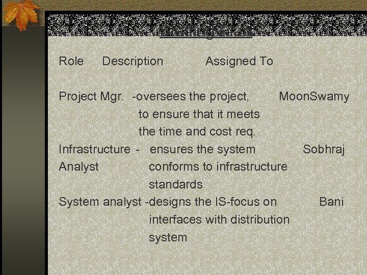 Staffing Plan: Role Description Assigned To Project Mgr. -oversees the project, Moon. Swamy to