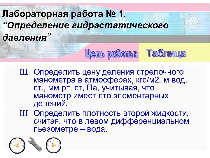 Лабораторная работа № 1. “Определение гидрастатического давления” Ш Определить цену деления стрелочного манометра в