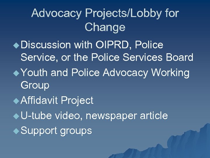 Advocacy Projects/Lobby for Change u Discussion with OIPRD, Police Service, or the Police Services