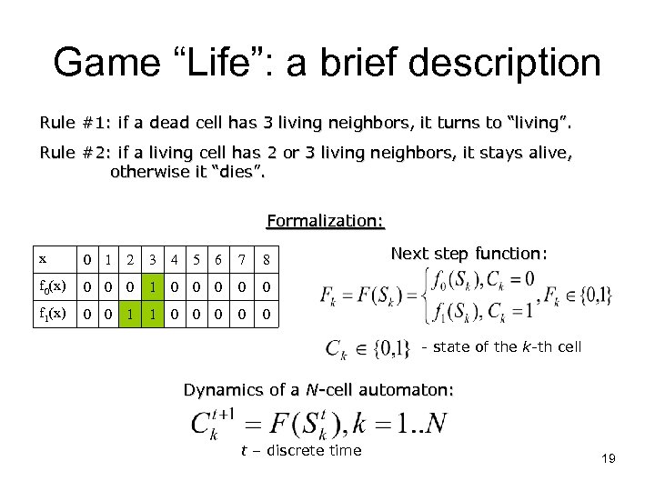 Game “Life”: a brief description Rule #1: if a dead cell has 3 living