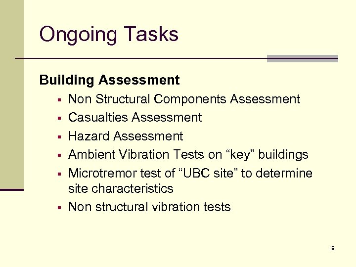 Ongoing Tasks Building Assessment § § § Non Structural Components Assessment Casualties Assessment Hazard