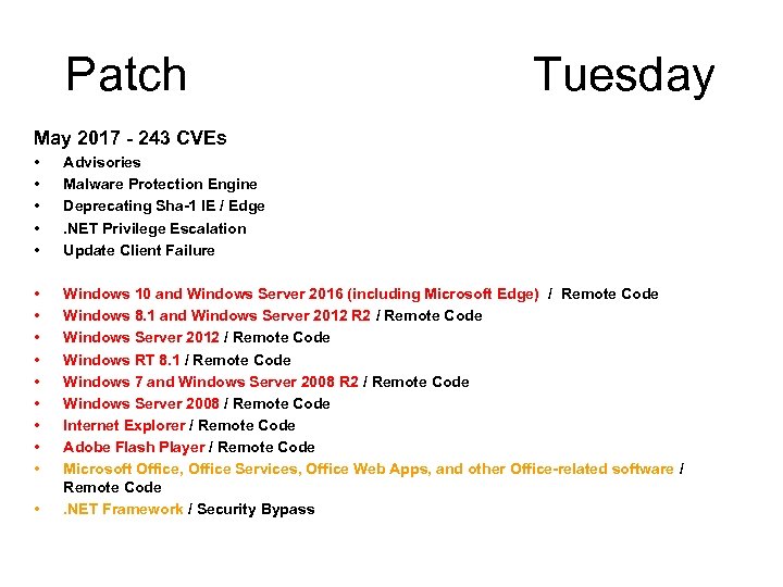 Patch Tuesday May 2017 - 243 CVEs • • • Advisories Malware Protection Engine
