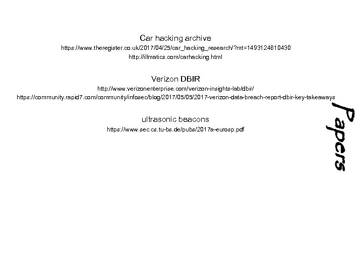 Car hacking archive https: //www. theregister. co. uk/2017/04/25/car_hacking_research/? mt=1493124610430 http: //illmatics. com/carhacking. html Verizon