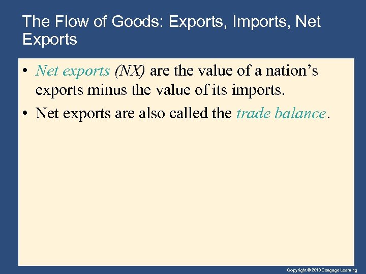 The Flow of Goods: Exports, Imports, Net Exports • Net exports (NX) are the