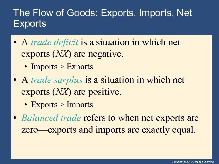 The Flow of Goods: Exports, Imports, Net Exports • A trade deficit is a