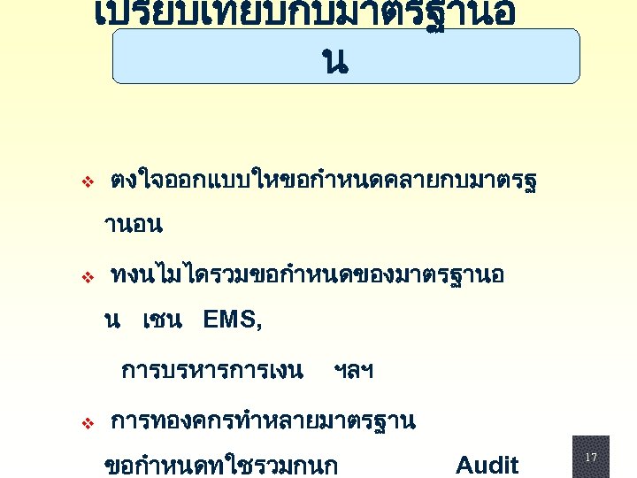 เปรยบเทยบกบมาตรฐานอ น v ตงใจออกแบบใหขอกำหนดคลายกบมาตรฐ านอน v ทงนไมไดรวมขอกำหนดของมาตรฐานอ น เชน EMS, การบรหารการเงน ฯลฯ v การทองคกรทำหลายมาตรฐาน