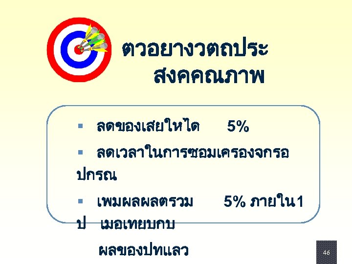 ตวอยางวตถประ สงคคณภาพ § ลดของเสยใหได 5% § ลดเวลาในการซอมเครองจกรอ ปกรณ § เพมผลผลตรวม ป เมอเทยบกบ ผลของปทแลว 5%