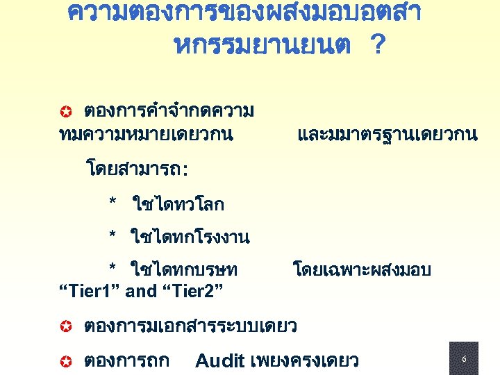 ความตองการของผสงมอบอตสา หกรรมยานยนต ? µ ตองการคำจำกดความ ทมความหมายเดยวกน และมมาตรฐานเดยวกน โดยสามารถ : * ใชไดทวโลก * ใชไดทกโรงงาน *
