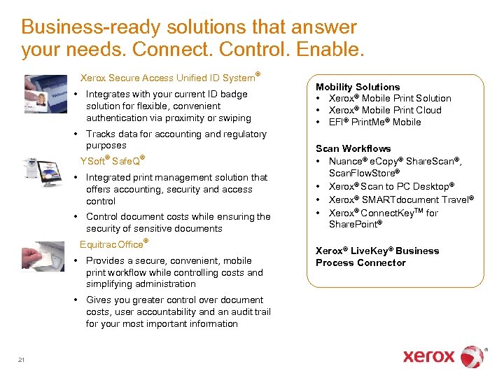 Business-ready solutions that answer your needs. Connect. Control. Enable. Xerox Secure Access Unified ID
