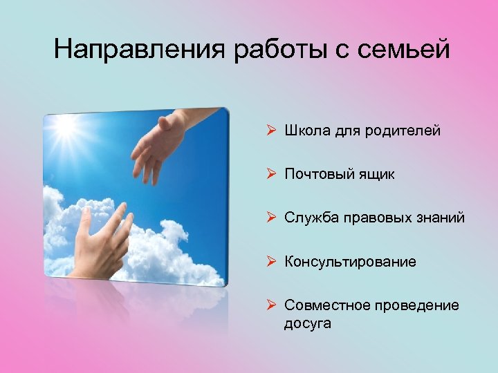 Направления работы с семьей Ø Школа для родителей Ø Почтовый ящик Ø Служба правовых