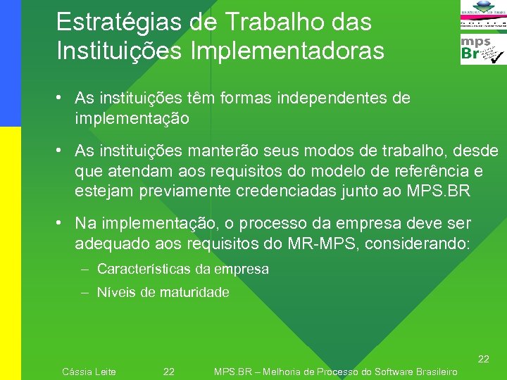 Estratégias de Trabalho das Instituições Implementadoras • As instituições têm formas independentes de implementação