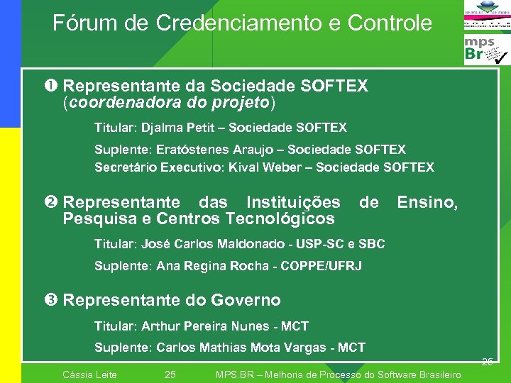 Fórum de Credenciamento e Controle Representante da Sociedade SOFTEX (coordenadora do projeto) Titular: Djalma
