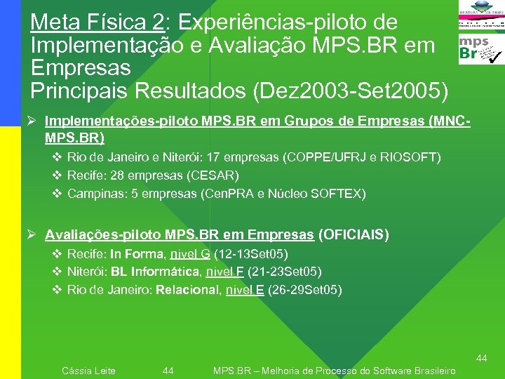 Meta Física 2: Experiências-piloto de Implementação e Avaliação MPS. BR em Empresas Principais Resultados