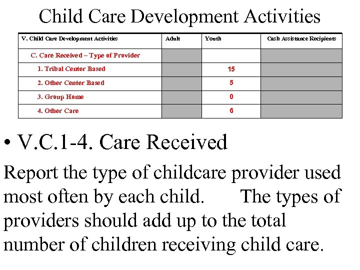 Child Care Development Activities V. Child Care Development Activities Adult Youth Cash Assistance Recipients