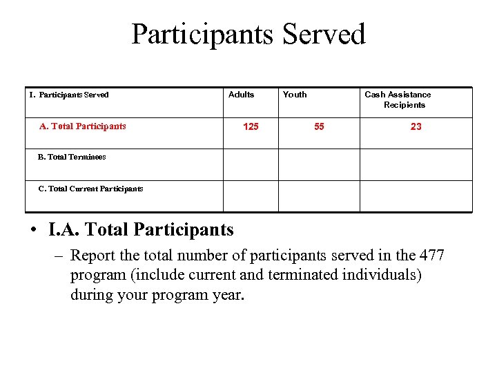 Participants Served I. Participants Served Adults A. Total Participants 125 Youth Cash Assistance Recipients