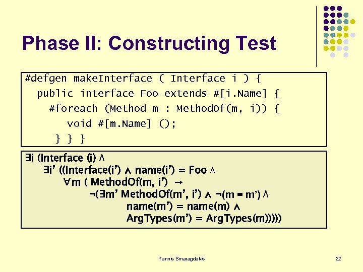 Phase II: Constructing Test #defgen make. Interface ( Interface i ) { public interface