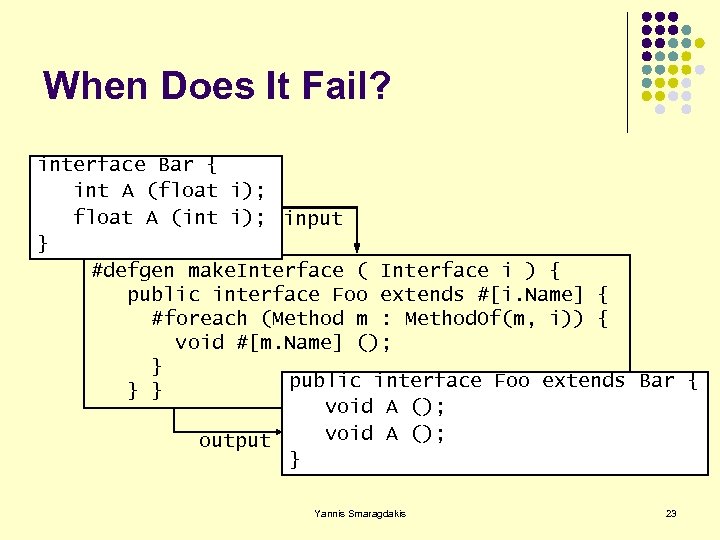 When Does It Fail? interface Bar { int A (float i); float A (int