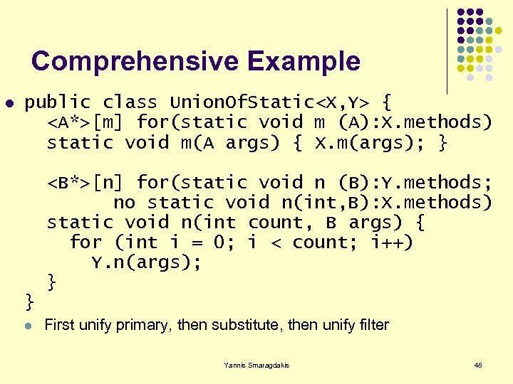 Comprehensive Example l public class Union. Of. Static<X, Y> { <A*>[m] for(static void m