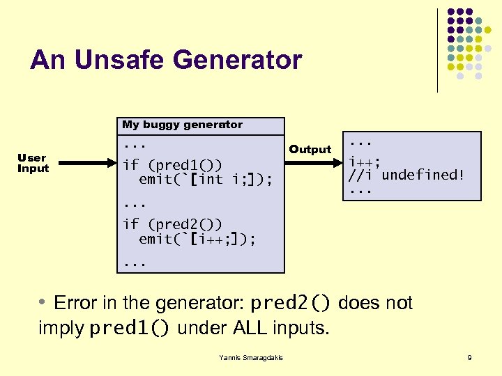 An Unsafe Generator My buggy generator User Input . . . Output if (pred